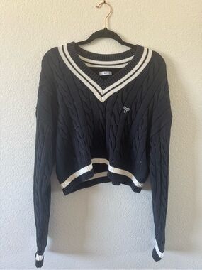 Aritzia Navy Cable-Knit V-Neck Sweater with White Trim